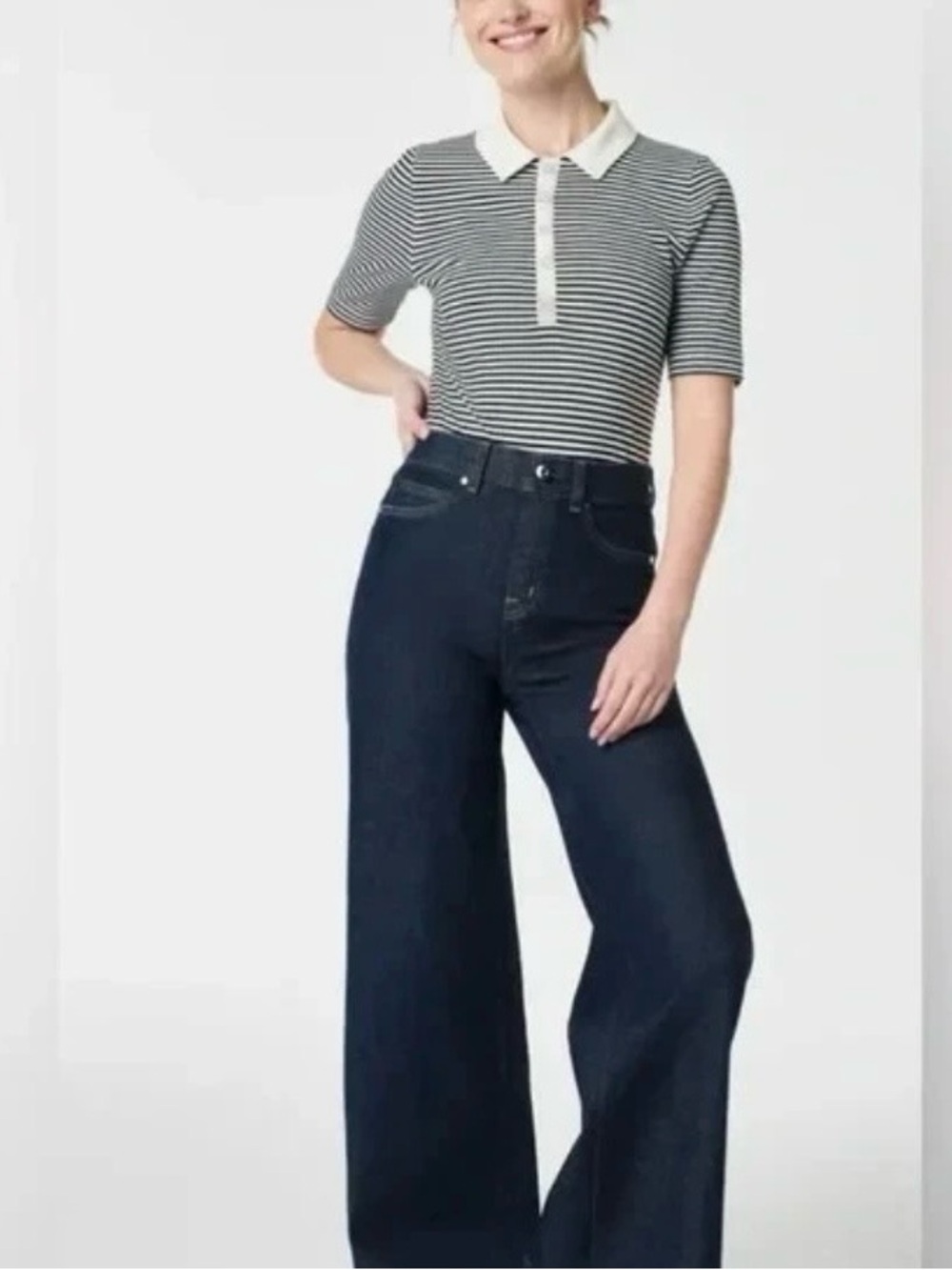 SPANX Black & White Striped Polo Ribbed Top